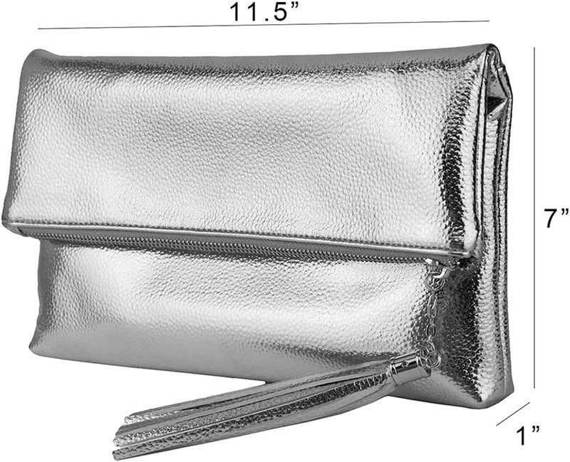 JNB Women's Cracked Metallic Fabric Foldover Clutch with Tassel - Image 3